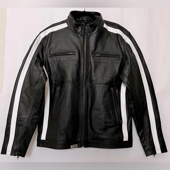 *CUSTOM* Mens Black Cafe Racer Leather Jacket With White Stripes Size L - Picture 2 of 15